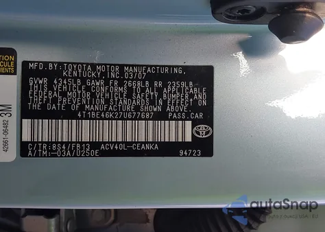 2007 Toyota Camry Le from USA, damaged, VIN 4T1BE46K27U677687